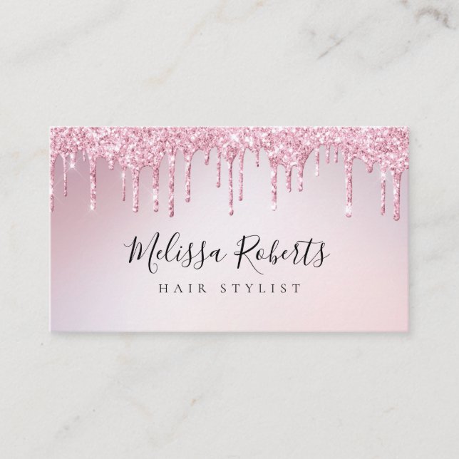 trendy pink rose gold gitter hair stylist business card (Front)