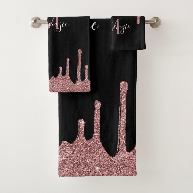 Trendy Pink Rose Gold Glitter Sparkle Drips Black Bath Towel Set (Insitu)