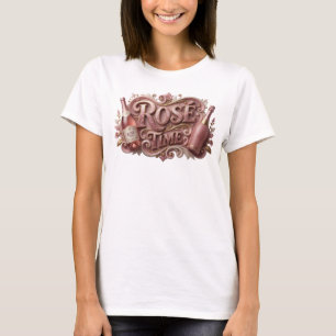 Trendy Pink ROSE TIME Slogan Tee