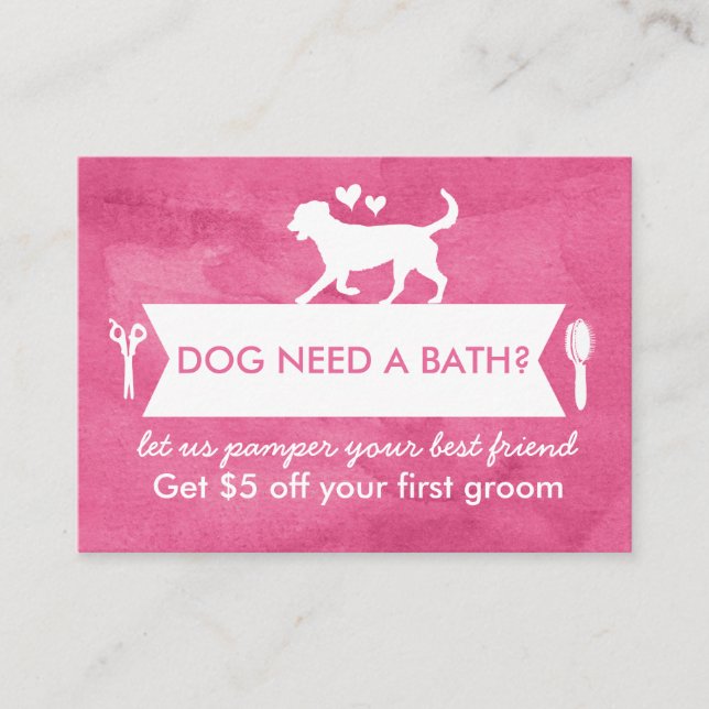 Trendy Pink Silhouette Dog Groomer Business Card (Front)
