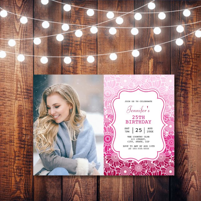 Trendy Pink Stripes Floral Frame Photo Birthday  Invitation (Creator Uploaded)