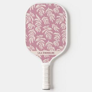 Trendy Pink Tropical Leaves Custom Name Pickleball Paddle