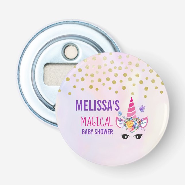 Trendy Pink Unicorn Confetti & Flowers Baby Shower Bottle Opener (Front)
