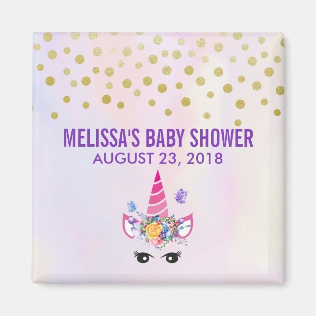 Trendy Pink Unicorn Confetti & Flowers Baby Shower Magnet (Front)
