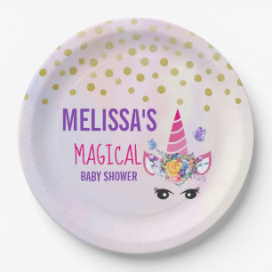 Trendy Pink Unicorn Confetti & Flowers Baby Shower Paper Plate