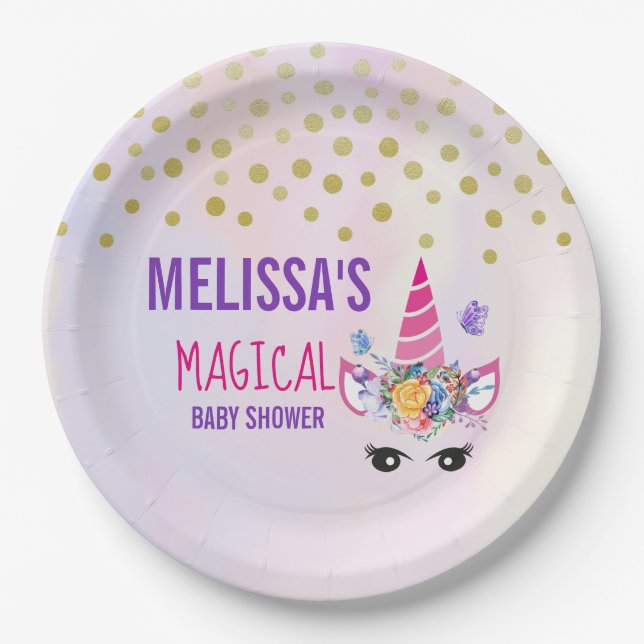 Trendy Pink Unicorn Confetti & Flowers Baby Shower Paper Plate (Front)