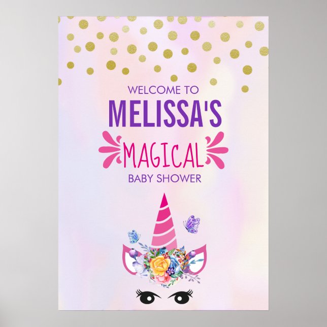 Trendy Pink Unicorn Confetti & Flowers Baby Shower Poster (Front)