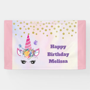 Trendy Pink Unicorn Confetti & Flowers Birthday Banner