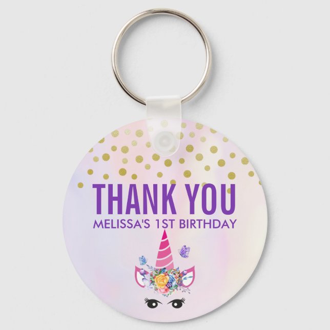 Trendy Pink Unicorn Confetti & Flowers Birthday Key Ring (Front)