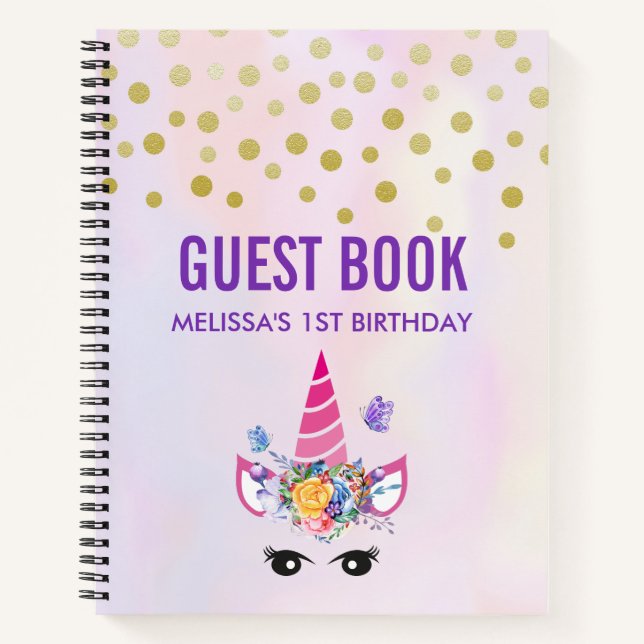 Trendy Pink Unicorn Confetti & Flowers Guest Book (Front)