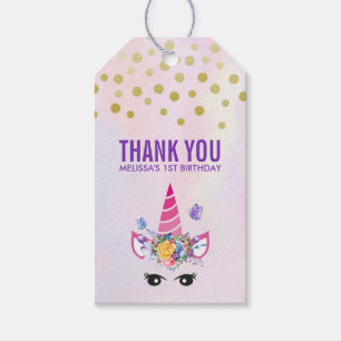 Trendy Pink Unicorn Confetti & Flowers Thank You Gift Tags