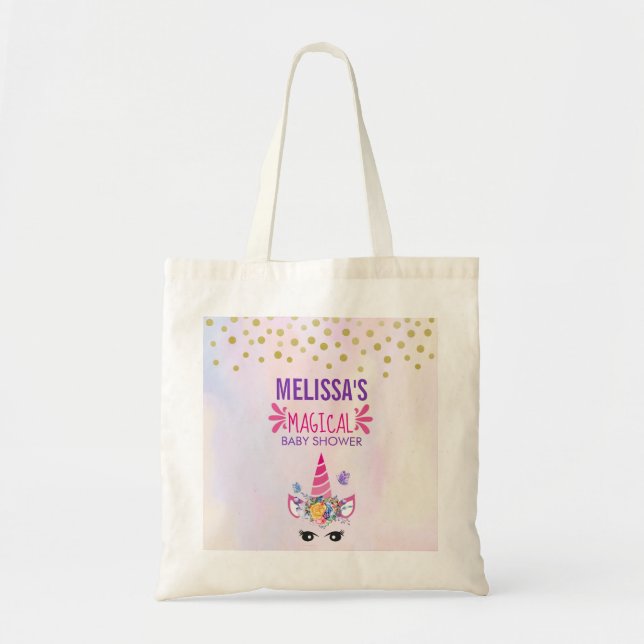 Trendy Pink Unicorn & Confetti Magical Baby Shower Tote Bag (Front)
