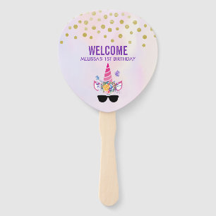 Trendy Pink Unicorn in Sunglasses Birthday Hand Fan