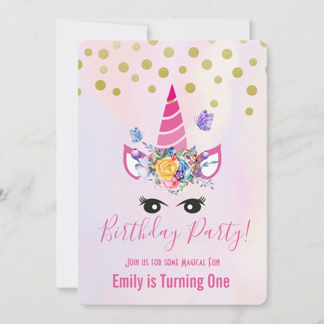 Trendy Pink Unicorn with Flowers Birthday Party Invitation (Front)