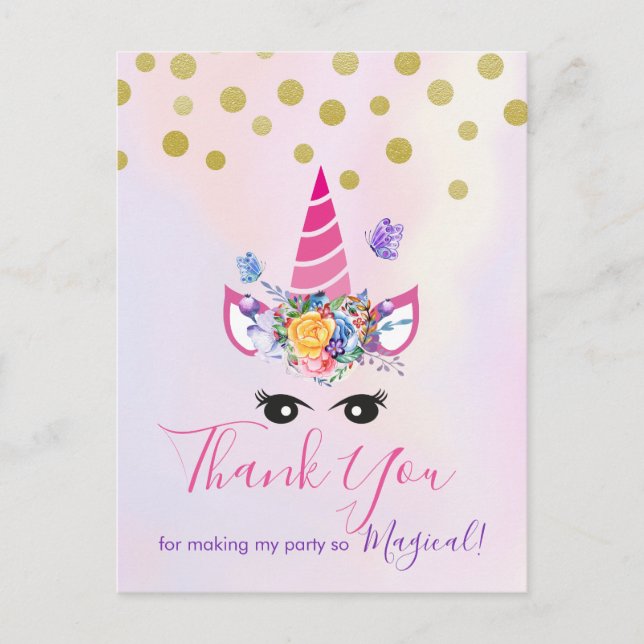 Trendy Pink Unicorn with Flowers Party Thank You Postcard (Front)