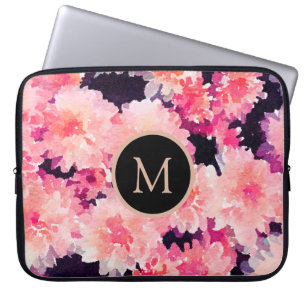 Trendy pink watercolor floral pattern monogram laptop sleeve