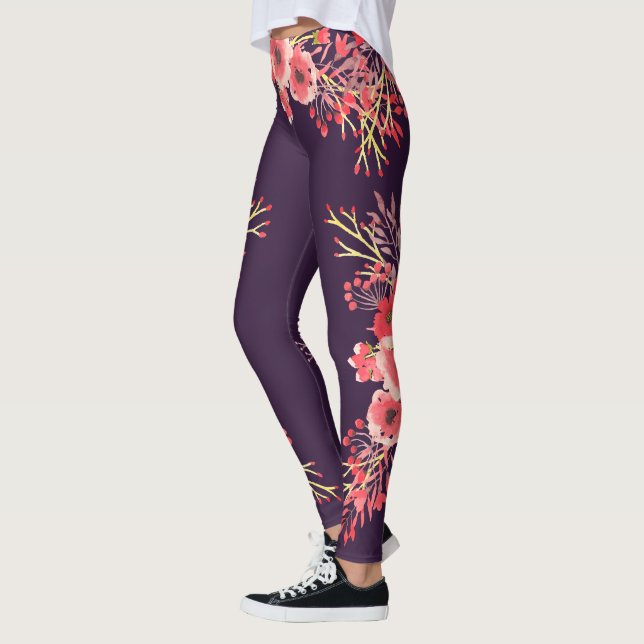 Trendy Pink Watercolor Flowers & Purple Leggings (Left)