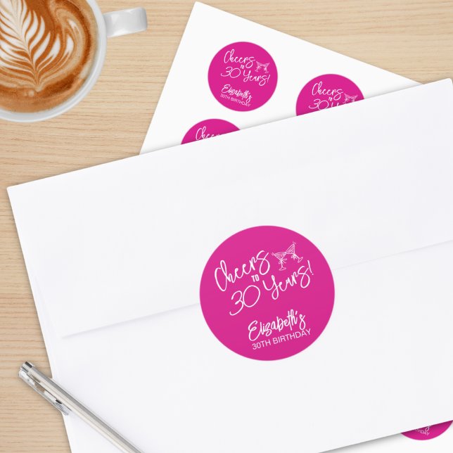 Trendy Pink Whimsical Hand Drawn 30th Birthday Classic Round Sticker (Creator Uploaded)