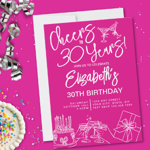 Trendy Pink Whimsical Hand Drawn 30th Birthday Invitation