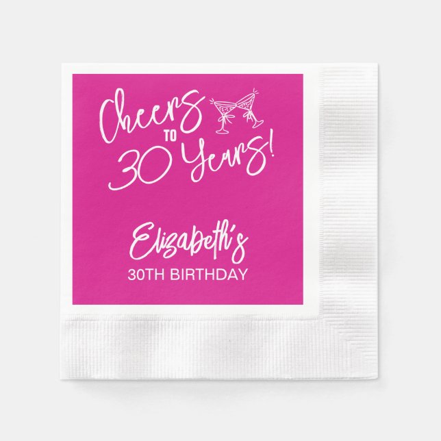 Trendy Pink Whimsical Hand Drawn 30th Birthday Napkin (Front)