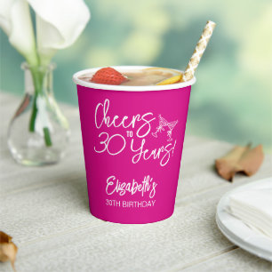 Trendy Pink Whimsical Hand Drawn 30th Birthday Paper Cups