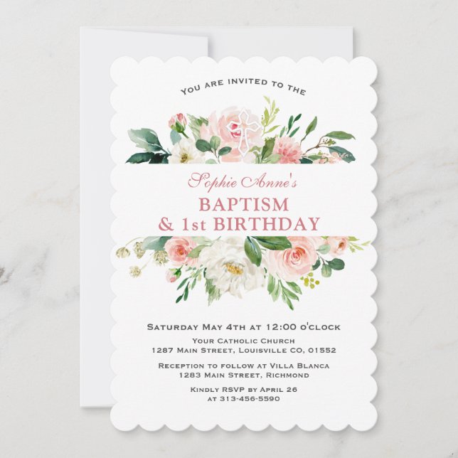 Trendy Pink White Floral Baptism First Birthday Invitation (Front)
