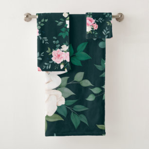 Trendy Pink white floral Bath Towel Set
