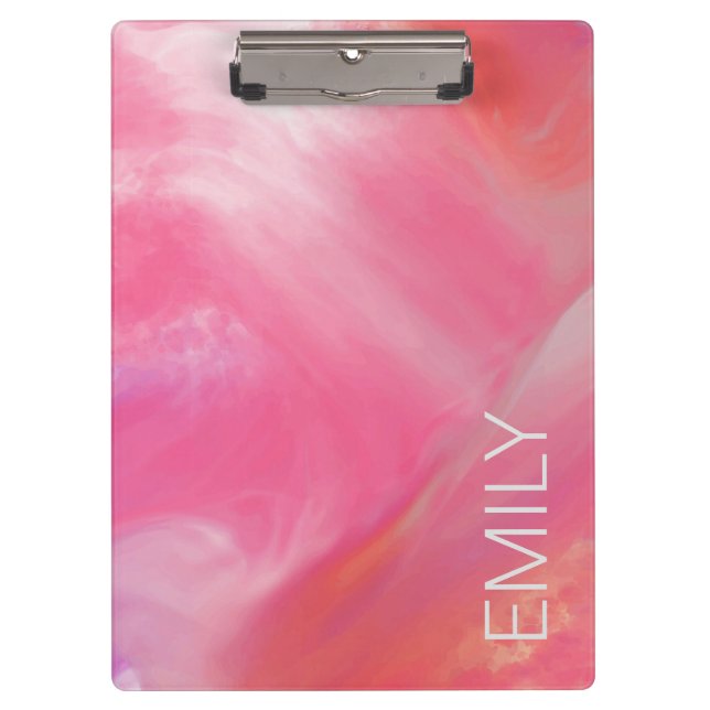 Trendy Pink White Marbled Watercolor Clipboard (Front)