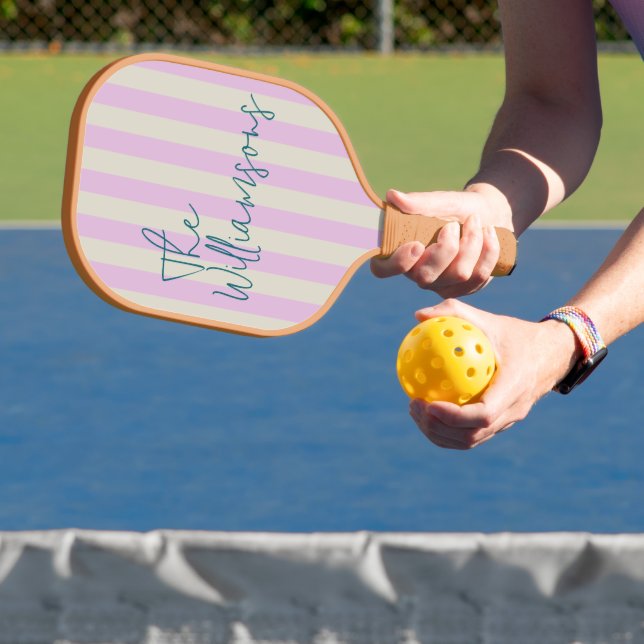 Trendy Pink White Stripes Custom Script Wedding Pickleball Paddle (Insitu)