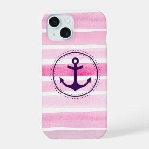 Trendy Pink White Watercolors Purple Anchor iPhone 15 Case