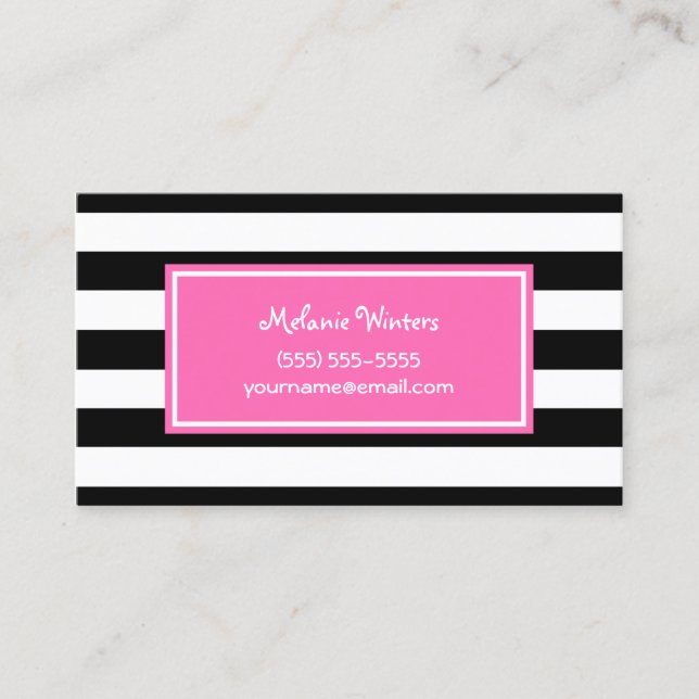 Trendy Pink With Wide Black Stripes With Name Business Card (Front)