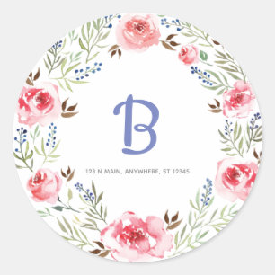 Trendy Pink Wreath Monogram Address Classic Round Sticker