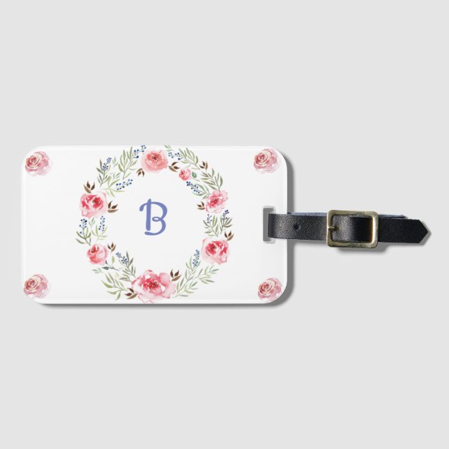 Trendy Pink Wreath Monogram Pattern Luggage Tag (Front Horizontal)