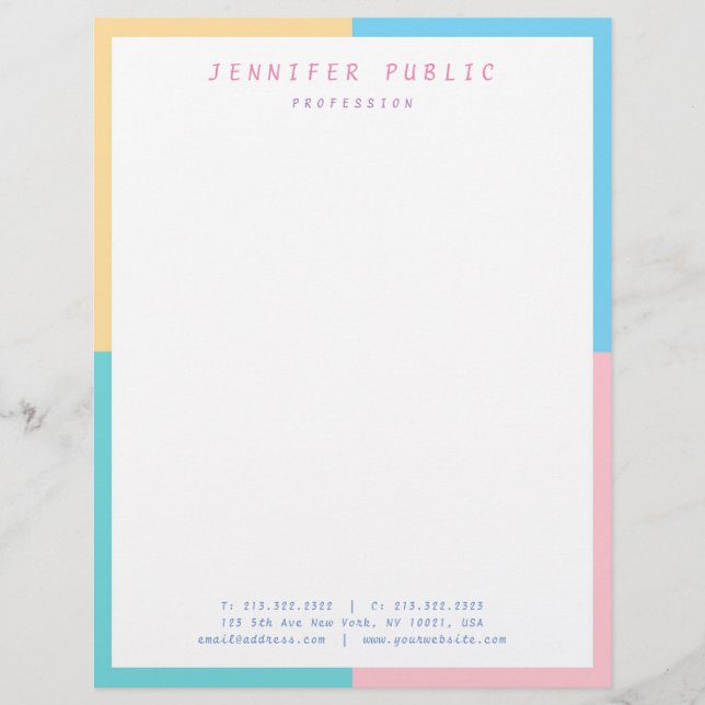 Trendy Pink Yellow Blue Green Elegant Modern Custom Letterhead (Front)