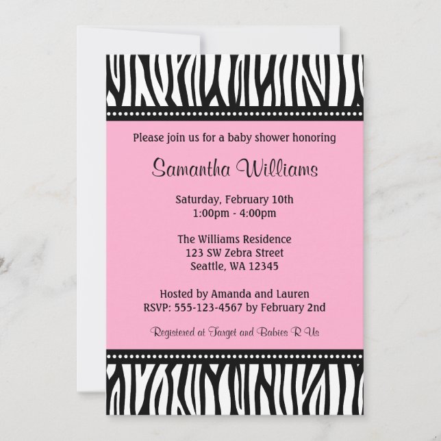 Trendy Pink Zebra Girl Baby Shower Invitations (Front)