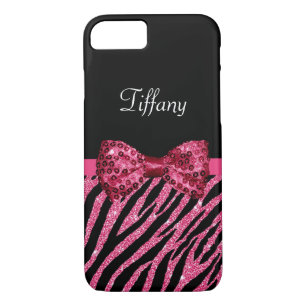 Trendy Pink Zebra Print FAUX Glitz Bow With Name iPhone 8/7 Case
