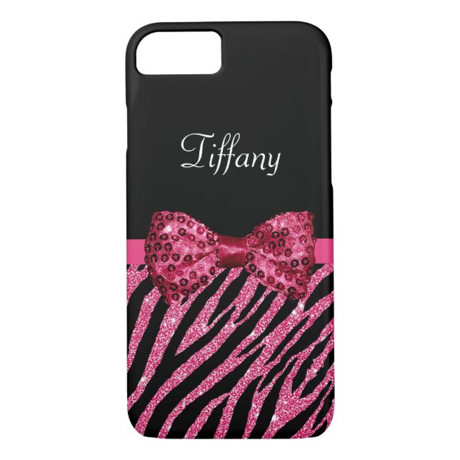 Trendy Pink Zebra Print FAUX Glitz Bow With Name Case-Mate iPhone Case (Back)