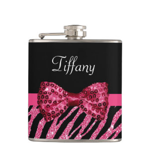 Trendy Pink Zebra Print FAUX Glitz Bow With Name Hip Flask