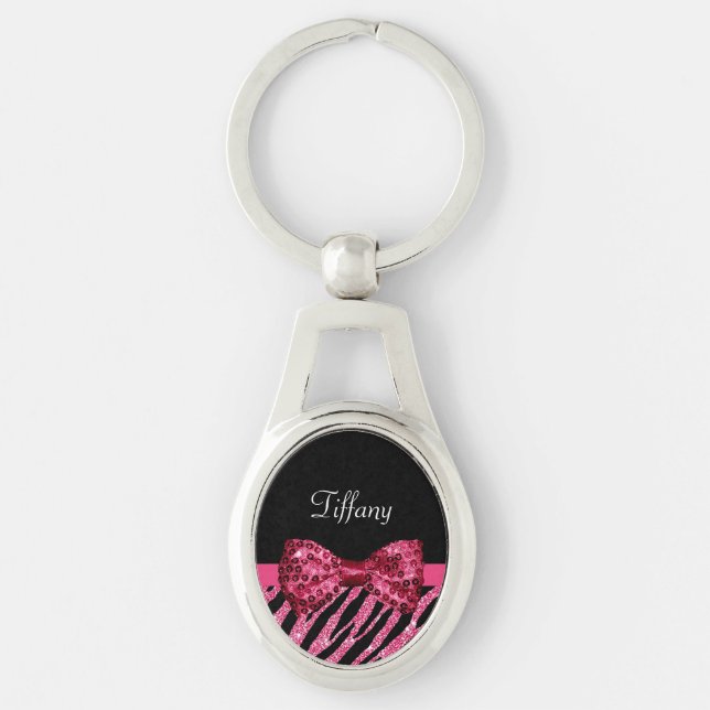 Trendy Pink Zebra Print FAUX Glitz Bow With Name Key Ring (Front)