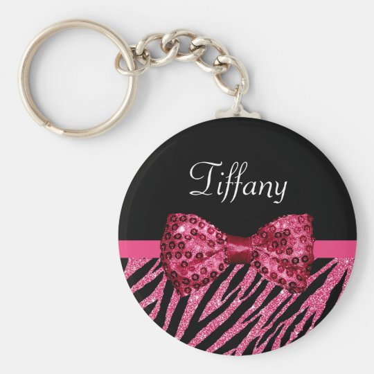 Trendy Pink Zebra Print FAUX Glitz Bow With Name Key Ring