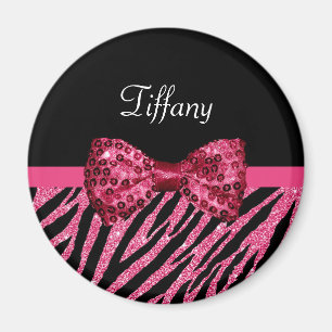 Trendy Pink Zebra Print FAUX Glitz Bow With Name Magnet