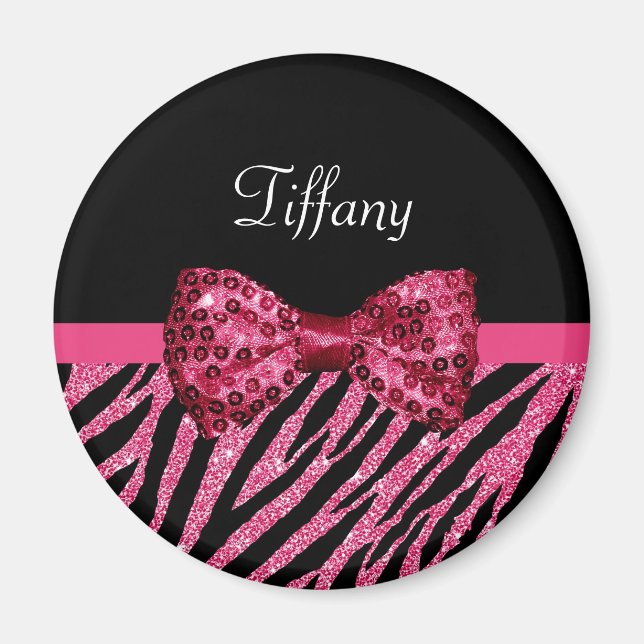 Trendy Pink Zebra Print FAUX Glitz Bow With Name Magnet (Front)
