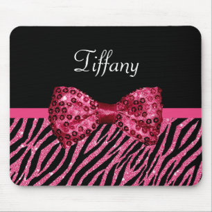 Trendy Pink Zebra Print FAUX Glitz Bow With Name Mouse Mat