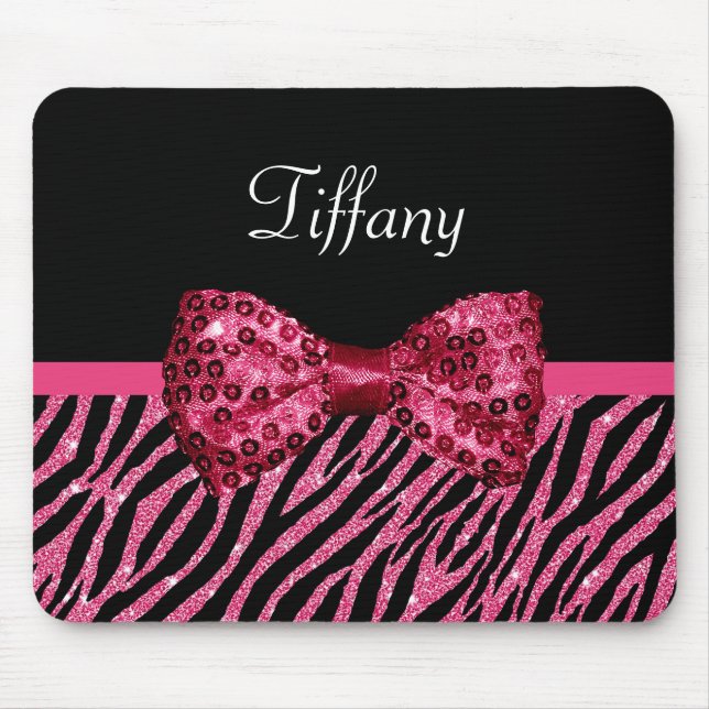 Trendy Pink Zebra Print FAUX Glitz Bow With Name Mouse Mat (Front)