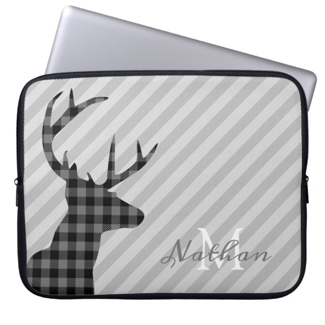 Trendy Plaid Deer and Grey Striped Personalised Laptop Sleeve (Front)