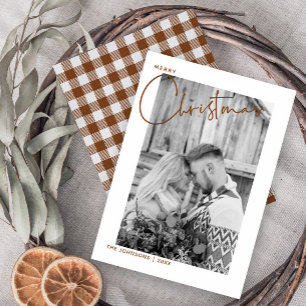 Trendy Plaid Merry Christmas Script Photo First Holiday Card