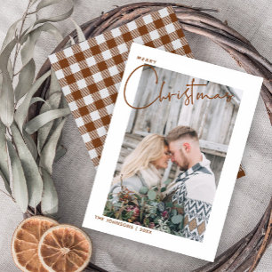 Trendy Plaid Merry Christmas Script Photo Holiday Card