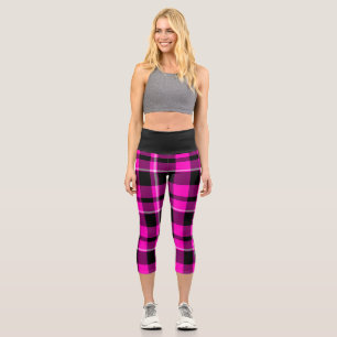 Trendy Plaid Pink Black Tartan Capris Leggins Yoga