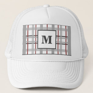 Trendy Plaid Red Gray Silver Custom Monogram Trucker Hat