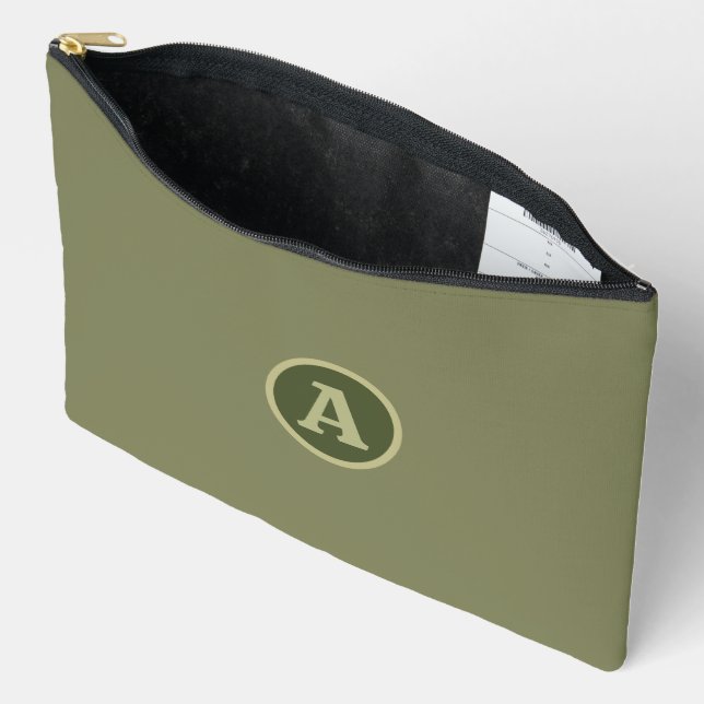 Trendy Plain Army Green Personalised Letter. Accessory Pouch (Open)
